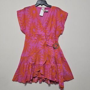 J Marie Women's Dress Romper Small Pink Orange Ruffles Belt Faux Wrap V-Neck 605